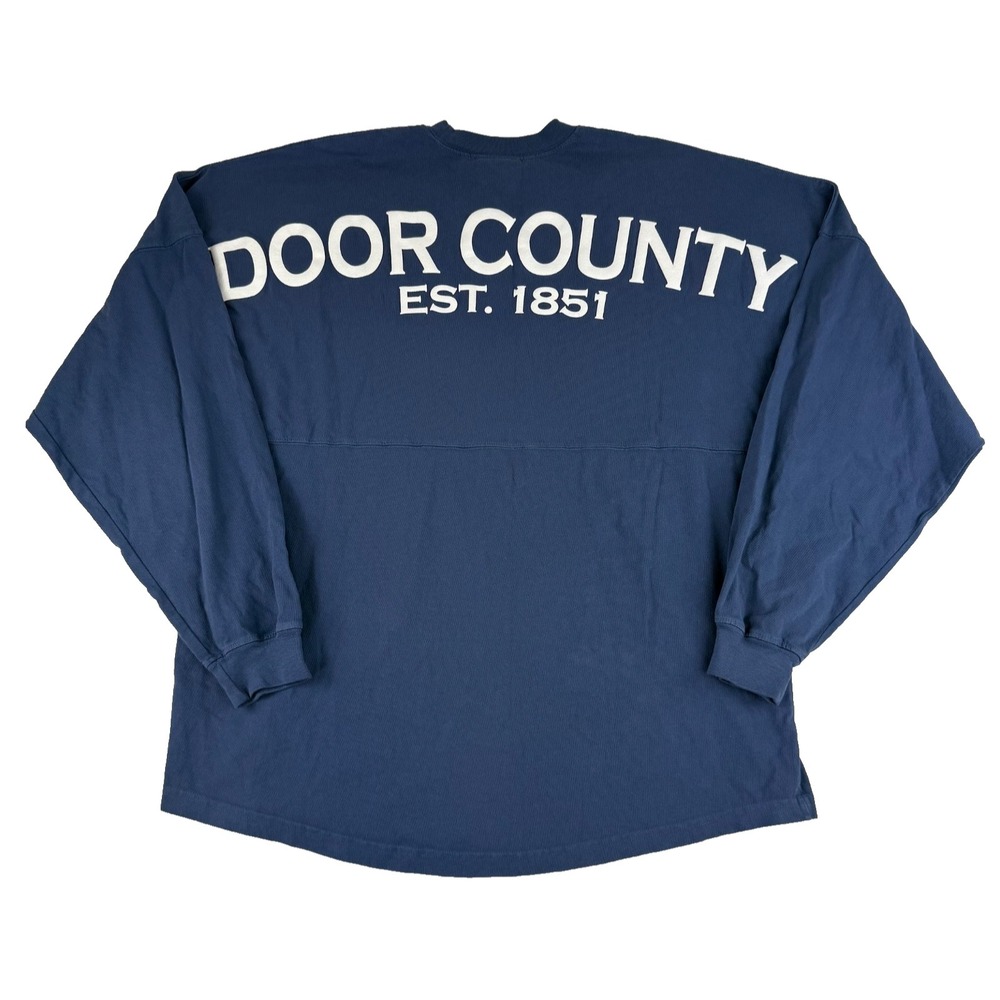 Door‎ County Spirit Jersey Size Large Navy Blue Puff Print Long Sleeve Oversized